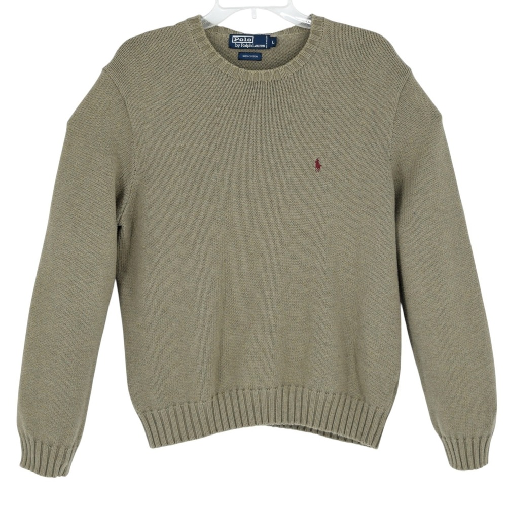 Vintage Polo Ralph Lauren Men's L Crewneck Cotton Knit Sweater Brown Taupe 90s